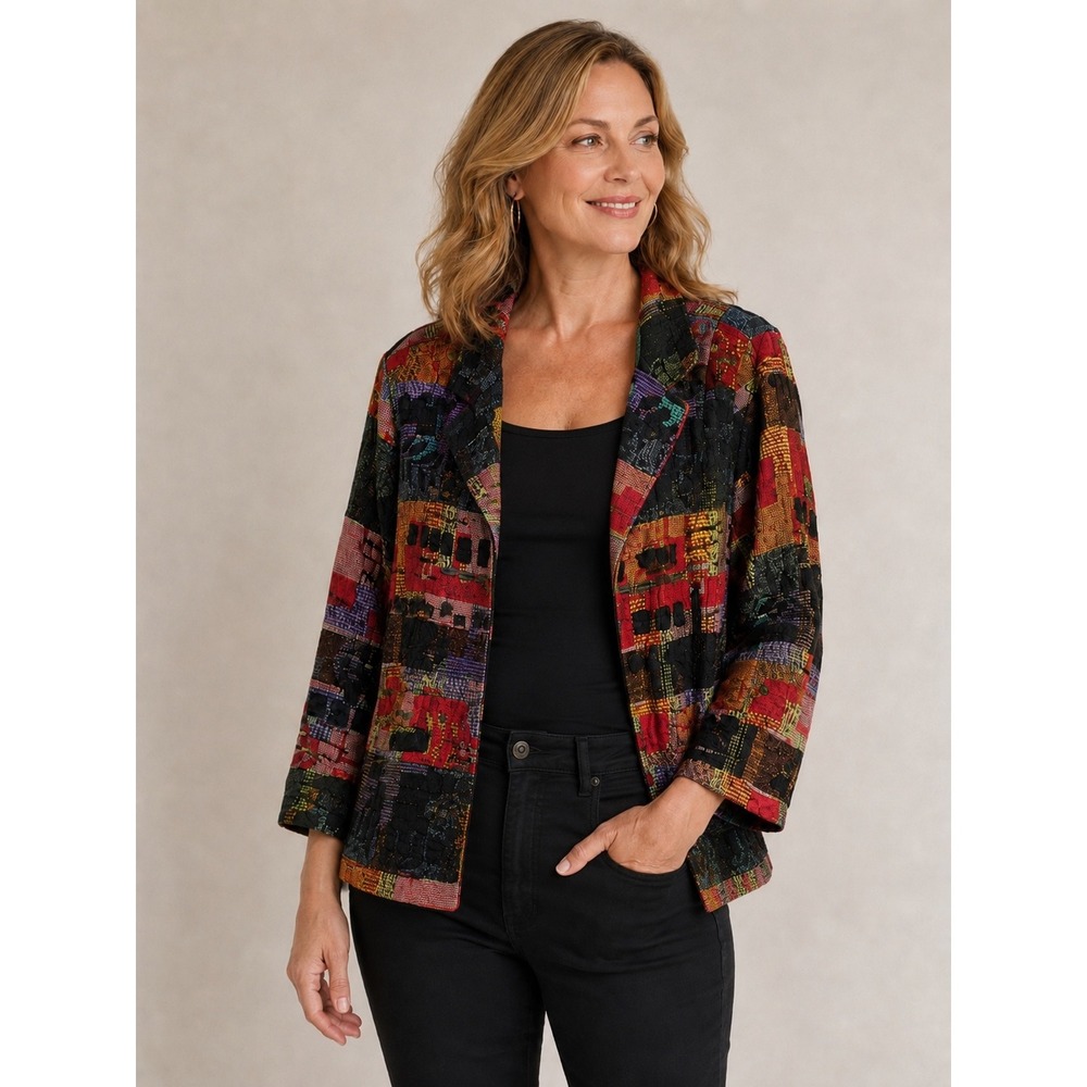 Chicos Size 2 Large Multicolor Tapestry Patchwork Sequin Art to Wear Jacket Coat